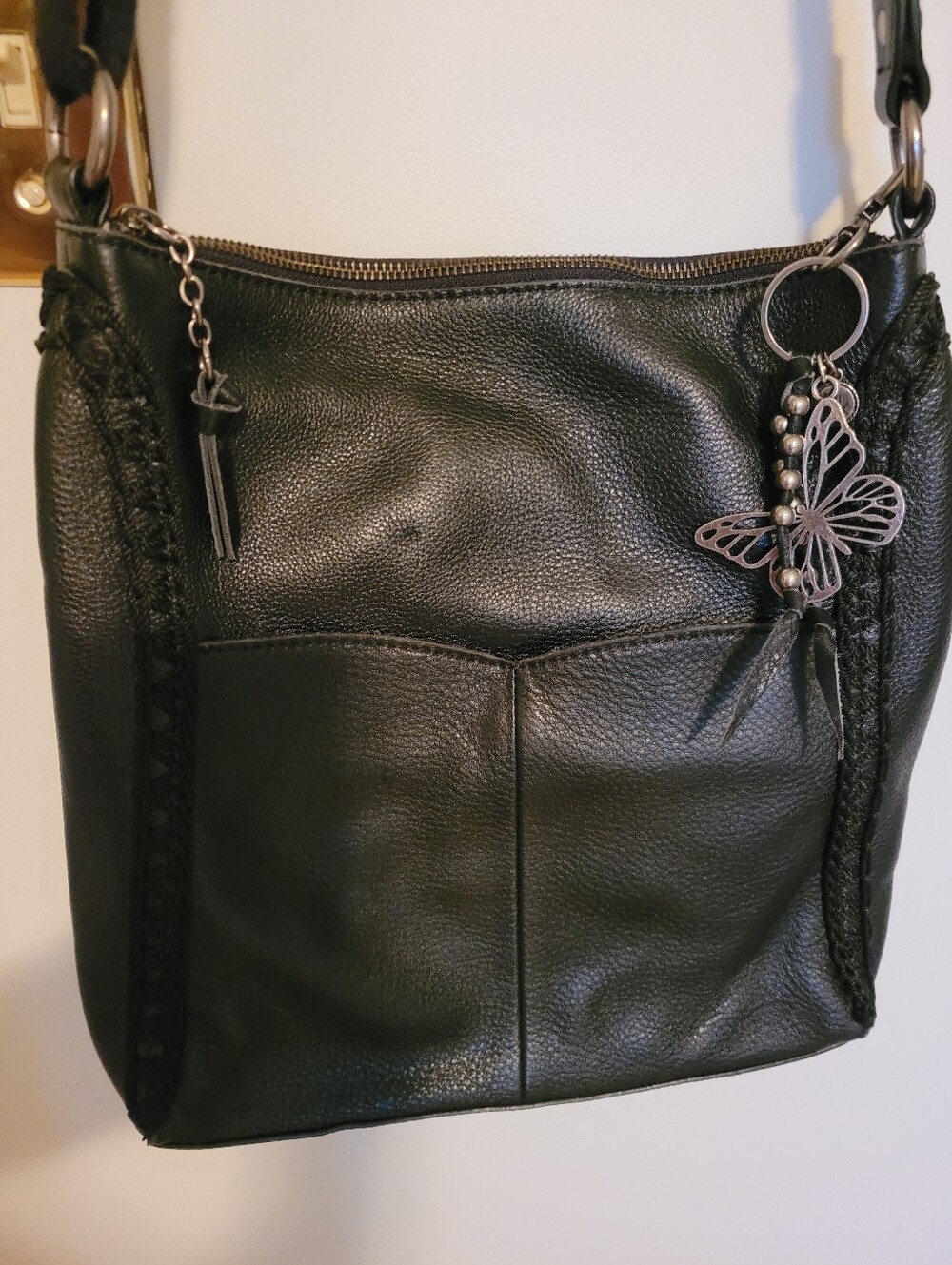 Women's Black Leather Crossbody Bag with Butterfly Charm